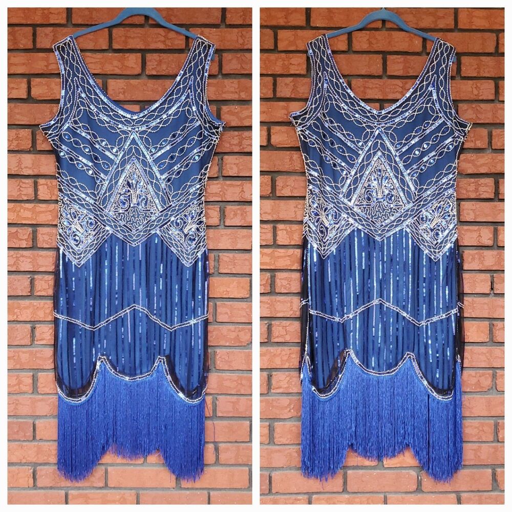 Fundaisy Flapper Dress Plus 3XL Blue Sleeveless Sequin Fringe Cocktail Party